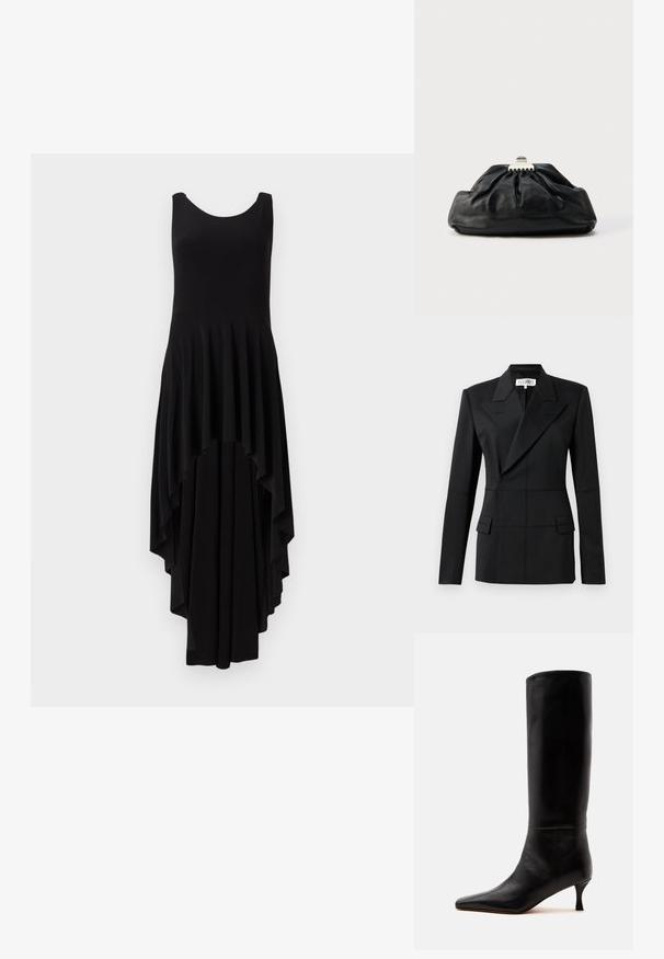 Sort skræddersyet blazer, en lang ærme, notch laps, dobbeltradet lukning, to frontlommer, struktureret stof med synlig syning.; Sort ærmeløs kjole med en rund udskæring, der har en kaskade asymmetrisk kant og plisseret tekstur over det hele på overdelen.; Høj sort læderstøvle med spids tå og lav kittenhæl vist i sideprofil på ensfarvet baggrund.; Sort læderclutch med en samlet tekstur, metal lukning og diskret præget logo på forsiden. Rundet form.