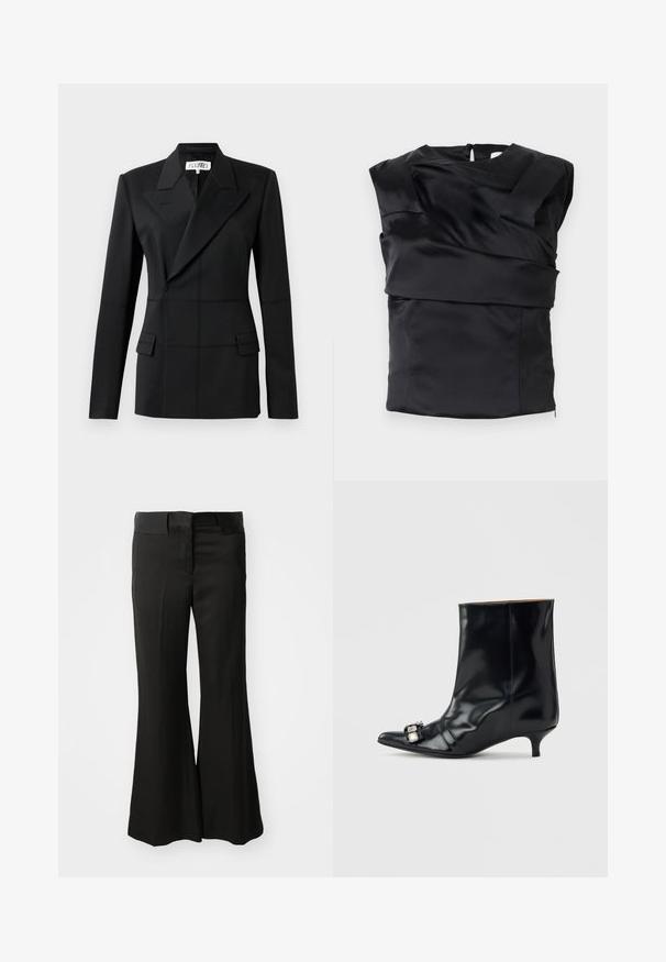 Sort skræddersyet blazer, en lang ærme, notch laps, dobbeltradet lukning, to frontlommer, struktureret stof med synlig syning.; Sort satin top med en struktureret design, brede skuldre og en asymmetrisk frontpanel, lukket med en lynlås i ryggen.; Sorte flagrende bukser lavet af et glat materiale, med en mellemhøj talje og et rent, skræddersyet design uden synlige udsmykninger.; Sort læder ankelstøvle med spids tå, lav kitten-hæl og dekorativ sølvspænde på siden nær tåen.