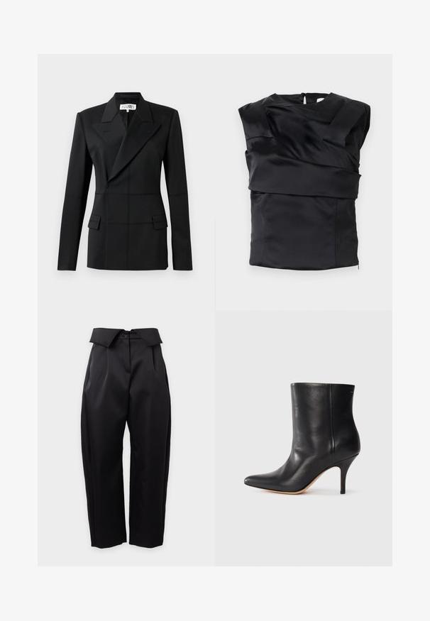 Sort skræddersyet blazer, en lang ærme, notch laps, dobbeltradet lukning, to frontlommer, struktureret stof med synlig syning.; Sort satin top med en struktureret design, brede skuldre og en asymmetrisk frontpanel, lukket med en lynlås i ryggen.; Sorte, vidde bukser i høj talje med en nedfoldet taljekant og to knapper foran, vist på en hvid baggrund.; Sort læder ankelstøvle med spids tå, slank stiletthæl og glat tekstur. Minimalistisk design uden synligt hardware eller accenter.