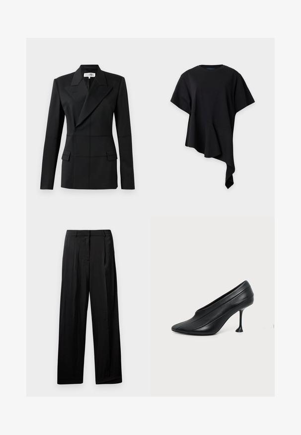 Schwarzer taillierter Blazer, ein langer Ärmel, Reverskragen, doppelte Knopfblende, zwei Fronttaschen, strukturierter Stoff mit sichtbaren Nähten.; Schwarzes kurzärmliges Oberteil mit rundem Ausschnitt und asymmetrischem Saum mit einem drapierten, spitzen Detail auf einer Seite.; Schwarze, weit geschnittene Hosen aus glattem Stoff mit vorderen Falten, Gürtelschlaufen und einem Reißverschluss.; Schwarzer Leder High-Heel-Schuh mit spitz zulaufender Zehenpartie, geschwungener Sohle und schlankem, ausgestelltem Stöckelabsatz vor schlichtem hellem Hintergrund.
