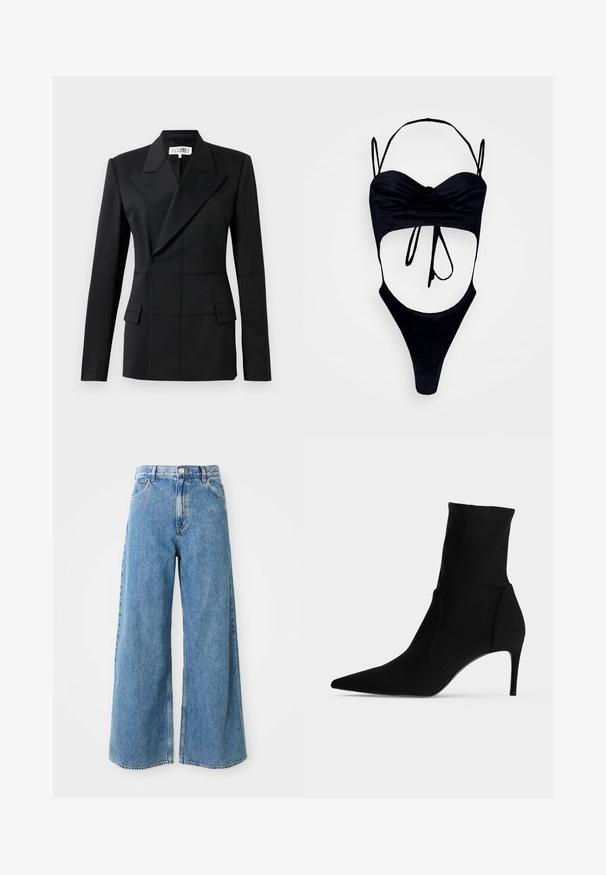 Schwarzer taillierter Blazer, ein langer Ärmel, Reverskragen, doppelte Knopfblende, zwei Fronttaschen, strukturierter Stoff mit sichtbaren Nähten.; GmbH WITH CUPS - Top - black; Hochbundige, hellblaue, weit geschnittene Jeans mit Frontknopf, Reißverschluss und Fronttaschen auf weißem Hintergrund.; Schwarzer Ankle-Boot mit spitzer Kappe und schlankem, hohem Absatz, im Profil auf hellem Hintergrund gezeigt. Schlankes, minimalistisches Design.