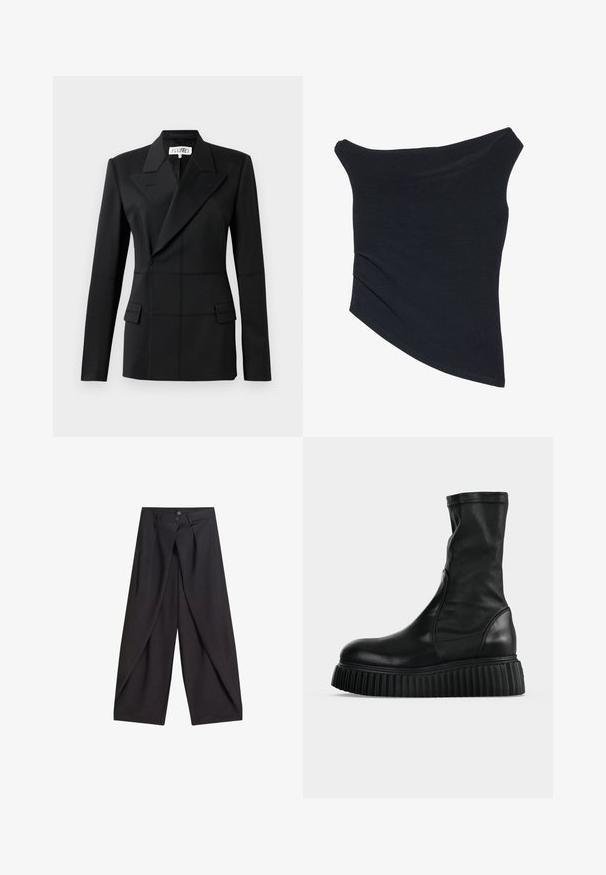Schwarzer taillierter Blazer, ein langer Ärmel, Reverskragen, doppelte Knopfblende, zwei Fronttaschen, strukturierter Stoff mit sichtbaren Nähten.; Schwarzes, schulterfreies Oberteil mit einer figurschmeichelnden Passform, asymmetrischem Saum und weicher, glatter Textur. Es verfügt über gerafften Stoff am Ausschnitt.; Schwarze Hose mit weitem Bein, überlappenden Vorderteilen und zwei Knöpfen am Bund, flach auf weißem Hintergrund präsentiert.; Schwarzer Lederstiefel bis zur Mitte der Wade mit glattem Obermaterial und dicker, profilierter Plateausohle, von der Seite vor hellem, einfarbigem Hintergrund gezeigt.
