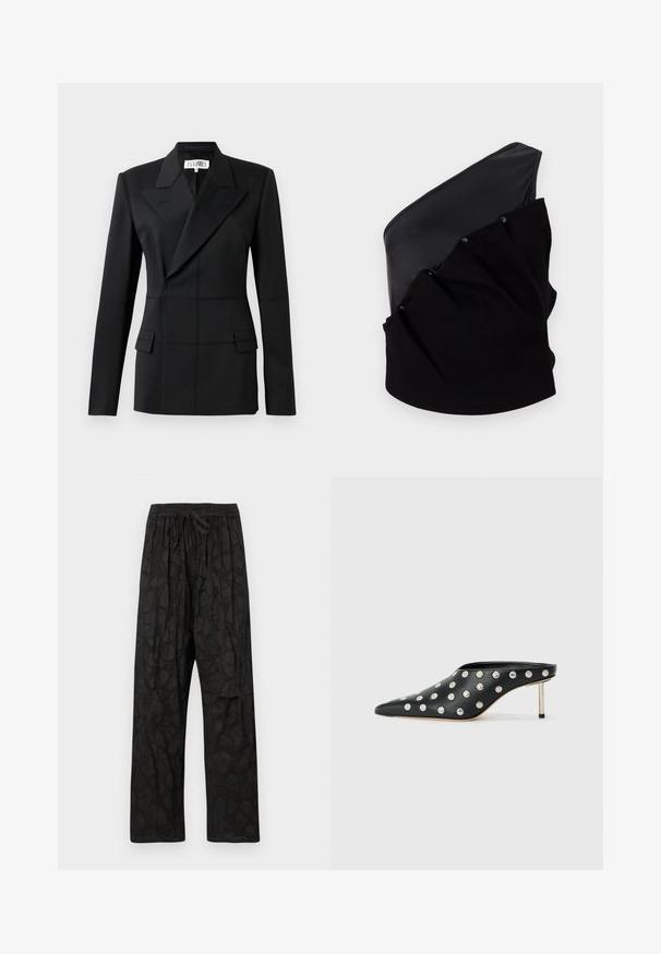 Schwarzer taillierter Blazer, ein langer Ärmel, Reverskragen, doppelte Knopfblende, zwei Fronttaschen, strukturierter Stoff mit sichtbaren Nähten.; Asymmetrisches schwarzes Oberteil mit einem glatten Lederpanel und strukturiertem Strickstoff, der mit Raffung und Druckknöpfen verziert ist.; Schwarze Hose mit elastischem Bund und Kordelzug, ausgestattet mit einem dezenten Blattmuster und geradem Bein. Leichte Stoffstruktur.; STAND STUDIO KELSEY - Pantolette hoch - black