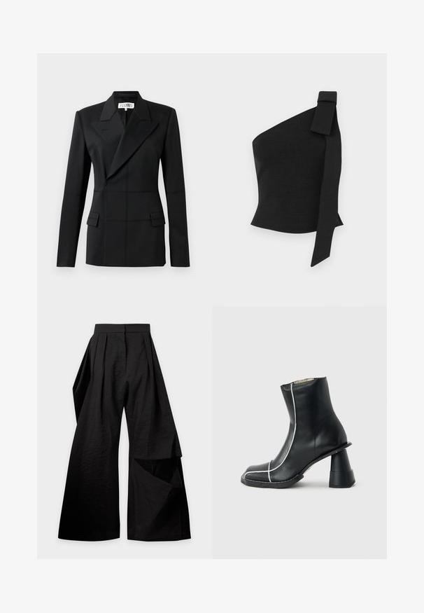 Sort skræddersyet blazer, en lang ærme, notch laps, dobbeltradet lukning, to frontlommer, struktureret stof med synlig syning.; Asymmetrisk sort top lavet af tekstureret stof; har en sløjfedetalje på venstre skulder og en tætsiddende design.; Sort viddebukser med læg ved taljen og et overlappende stofstykke på højre ben.; Sort læderankelstøvle med hvide syninger, firkantet snude og unik bredt udflaret hæl, vist i sidelayout på grå baggrund.