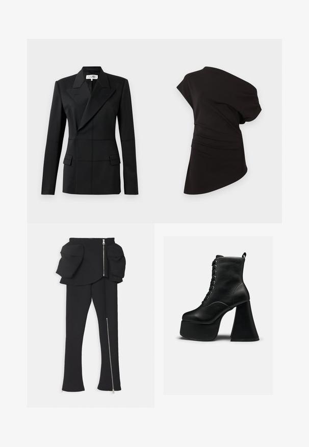 Schwarzer taillierter Blazer, ein langer Ärmel, Reverskragen, doppelte Knopfblende, zwei Fronttaschen, strukturierter Stoff mit sichtbaren Nähten.; Schwarzes asymmetrisches Kurzarmtop mit geraffter Taille und einem Ärmel länger als der andere, auf weißem Hintergrund dargestellt.; A.W.A.K.E. MODE BASQUE PANTS WITH ZIPS AND LARGE POCKETS - Stoffhose - black; Schwarzer Plateau-Ankle-Boot mit vorderer Schnürung und breitem Blockabsatz, glatter Lederstruktur und Zuglasche hinten.