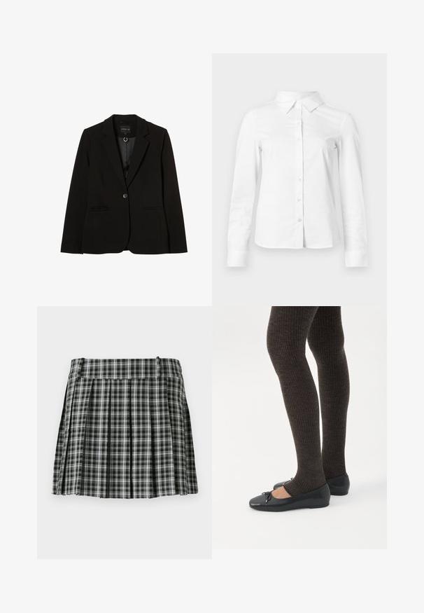 Zwarte blazer van gladde stof, met een enkele knoopsluiting, notch-revers, zijzakken en een getailleerde pasvorm.; Witte blouse met lange mouwen en knopen, met puntige kraag, rechte zoom en aansluitende silhouet, weergegeven op een effen lichte achtergrond.; Zwart-wit geruite geplisseerde rok met een gladde tailleband en meerdere verticale plooien. Gemaakt van lichte stof.; Benen met donkere geribbelde leggings gecombineerd met zwarte ballerina's met kleine strikdetails op een witte achtergrond.