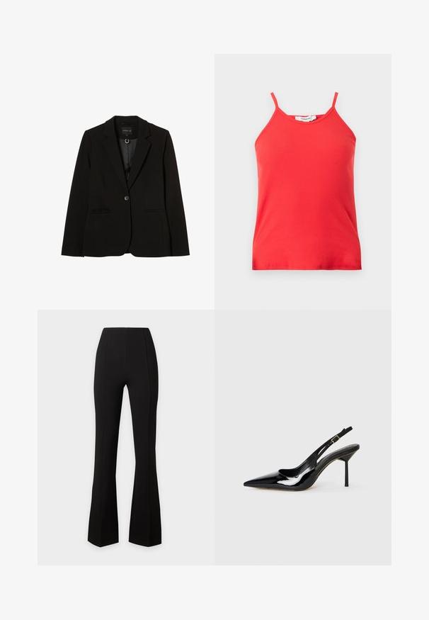 Zwarte blazer van gladde stof, met een enkele knoopsluiting, notch-revers, zijzakken en een getailleerde pasvorm.; Rode geribbelde mouwloze tanktop met dunne schouderbandjes en een ronde hals, merk Topshop.; Zwarte hoge taille broek met een aansluitend bovenbeen en licht uitlopende onderpijp, getoond tegen een effen lichte achtergrond.; Zwarte gepatineerde leren spitse slingback stiletto hak schoen met een dunne band en gouden gesp op een witte achtergrond.