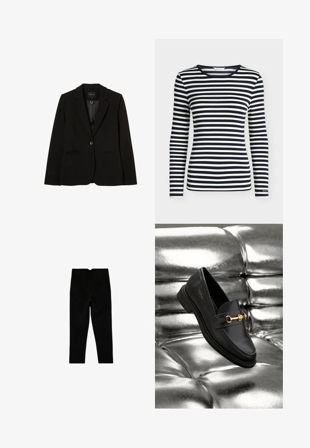 Sort blazer lavet af glat stof, med en enkelt knaplukning, slaglommer, sidelommer og en skræddersyet pasform.; Langærmet skjorte med navy og hvide horisontale striber og rund halsudskæring, mærket GANT på ærmekanten.; Sorte skræddersyede ankelkorte bukser med sidelommer og let tilspidset ben, vist fladt på en hvid baggrund.; Sorte læder loafers med en guldfarvet hardware detalje. Skoen har et elegant design og en glat, skinnende overflade.