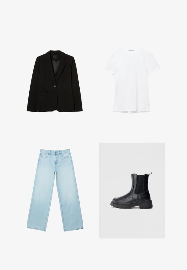 Sort blazer lavet af glat stof, med en enkelt knaplukning, slaglommer, sidelommer og en skræddersyet pasform.; Hvid kortærmet t-shirt lavet af glat stof, med rund halsudskæring og diskrete syninger ved kanten.; Lyseblå jeans med brede ben, forlommer, bæltestropper og knaplukning, vist fladt mod en hvid baggrund.; Sorte chelsea støvler lavet af glat læder, med elastiske sidepaneler, en tyk, robust sål, og en løkke bagpå for nem påtagning.