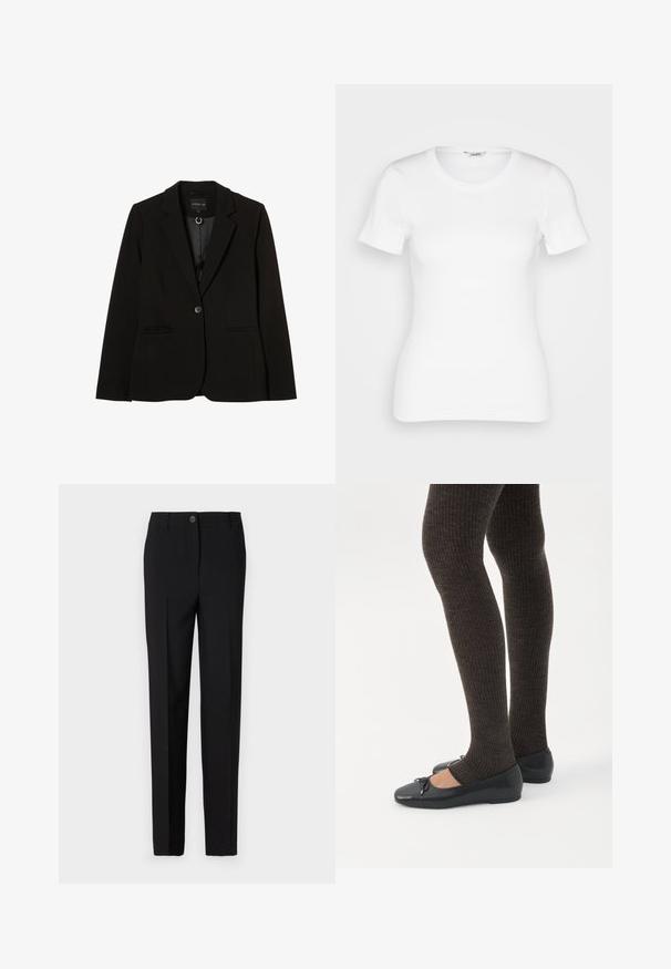 Sort blazer lavet af glat stof, med en enkelt knaplukning, slaglommer, sidelommer og en skræddersyet pasform.; Hvid bomulds T-shirt med korte ærmer, rund halsudskæring og ribbet tekstur. Tætsiddende design med en glat, ren finish.; Sorte skræddersyede bukser med lige ben-design, der har en knaplukning og bæltestropper, lavet af glat stof.; Ben iført mørke ribbede leggings kombineret med sorte balletsko med små sløjfedetaljer på hvid baggrund.