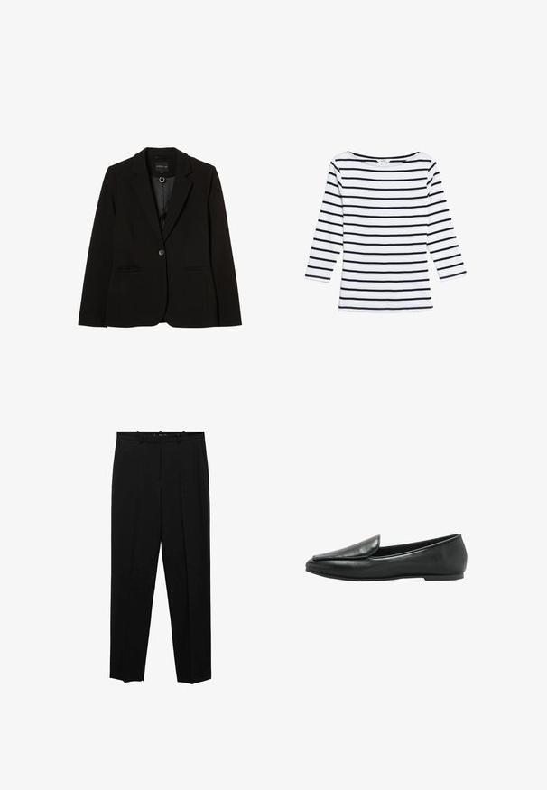Zwarte blazer van gladde stof, met een enkele knoopsluiting, notch-revers, zijzakken en een getailleerde pasvorm.; Marks & Spencer STRIPED SLASH NECK - Longsleeve - white mix; Zwarte op maat gemaakte broek met een recht model, met voorplooien, een gladde textuur en een standaard tailleband met riemlussen.; Zwarte leren platte loafer met een vierkante neus en lage hak, gezien vanaf de zijkant op een witte achtergrond.