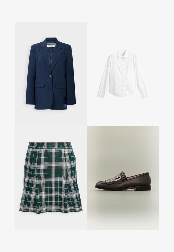 Blazer marine en tissu lisse, avec une fermeture à deux boutons, des revers à crans, deux poches avant et un motif de doublure intérieur subtil.; Chemise blanche manches longues avec col, sept boutons et poignets ajustés, affichée sur un fond blanc uni.; Hollister Co. PLEATED MINI SKIRT - Minijupe - green; Mocassin en cuir marron foncé avec détail à franges et boucle dorée sur fond neutre, vue latérale.