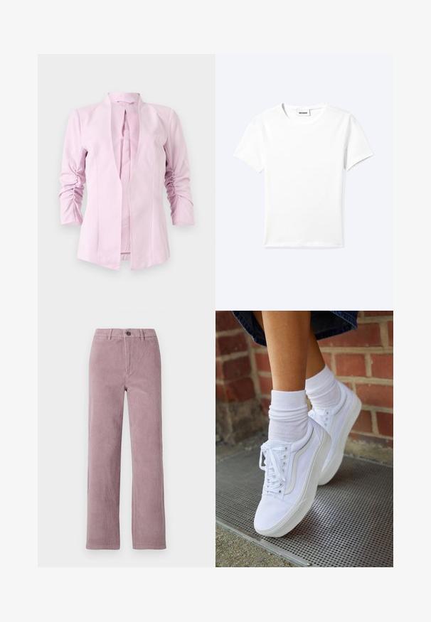 Blazer rosa claro con mangas largas, diseño sin cuello y detalles fruncidos en las mangas. Tejido suave con una silueta ajustada.; Camiseta blanca lisa de manga corta con cuello redondo y una pequeña etiqueta "WEEKDAY" dentro del cuello, mostrada extendida sobre un fondo claro.; Pantalones de pana en malva claro con corte recto. Cuentan con un cierre frontal de botón y una textura de rayas verticales.; Zapatillas de lona blancas con suelas de goma, que presentan seis ojales, puntera redonda y detalles de costura ligera, combinadas con calcetines blancos hasta el tobillo.