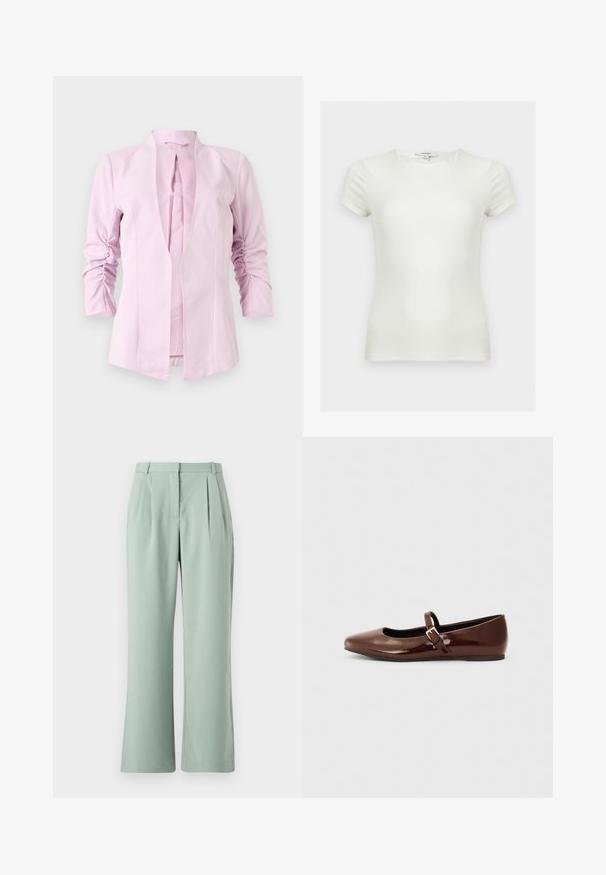 Blazer rosa claro con mangas largas, diseño sin cuello y detalles fruncidos en las mangas. Tejido suave con una silueta ajustada.; Camiseta blanca lisa ajustada con mangas cortas y escote redondo, mostrada sobre un fondo neutro.; Pantalones de pierna ancha en verde claro con pliegues, presentan una textura suave y una cinturilla tradicional. El tejido parece ligero y suave.; Bailarina de charol marrón con punta cuadrada y tira que presenta una pequeña hebilla dorada. Textura suave, tacón bajo y diseño minimalista.
