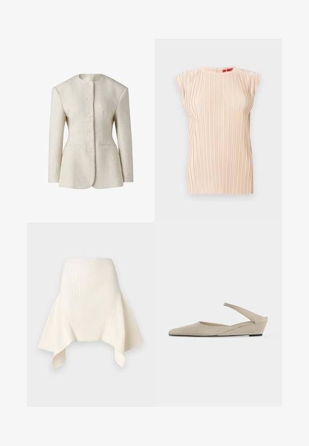 Blazer écru en tissu texturé avec un col haut, fermeture à cinq boutons à l'avant et deux poches latérales. Silhouette ajustée.; Blouse plissée beige sans manches avec encolure ronde et texture verticale subtile, présentée sur un fond blanc.; Jupe en maille côtelée ivoire avec un ourlet asymétrique en forme de mouchoir et une taille cintrée.; Chaussure slingback beige à petit talon compensé, bout pointu et finition mate lisse, présentée de profil sur fond blanc.