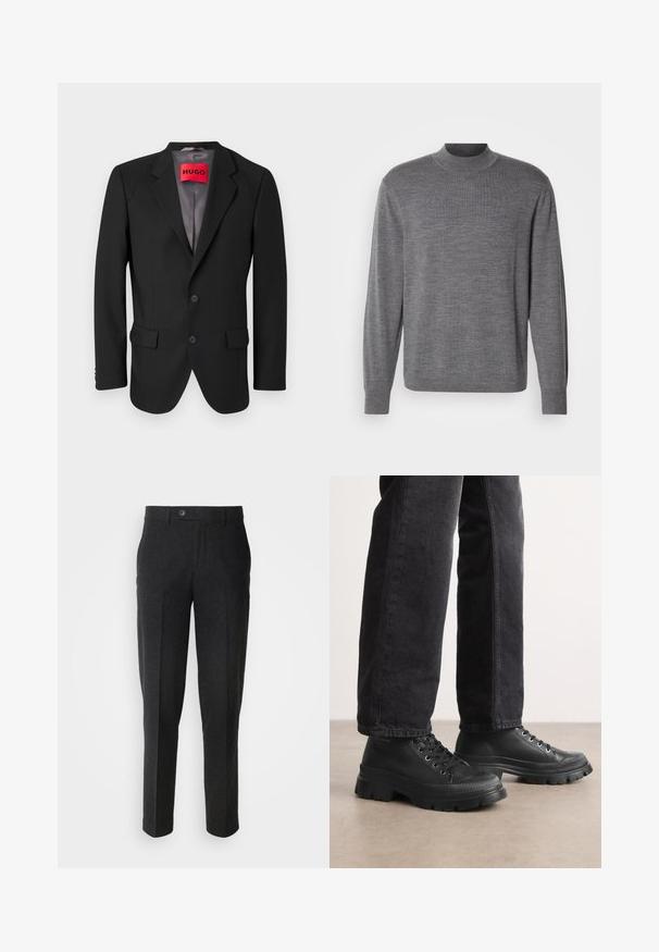 Sort skræddersyet blazer lavet af struktureret stof. Har skrå klapper, to forlommer og en enkeltknap lukning.; Grå langærmet sweater lavet af strikket materiale, med en høj hals og et subtilt logo på brystet. Glat tekstur og tætsiddende design.; Lindbergh FORMAL PANT - Bukser - black melange; Sorte snørebåndssko med en chunky, struktureret sål og glat overdel. Har metaløjer og en ribbet detalje rundt om tåen.