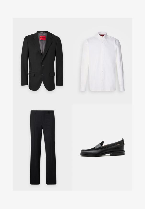 Blazer negro a medida hecho de tejido estructurado. Presenta solapas con muesca, dos bolsillos frontales y un cierre de botón de una sola fila.; Camisa blanca de manga larga hecha de algodón, con un collar clásico, placket frontal con botones y una textura suave. Detalle interior del collar en rojo.; Pantalones negros ajustados con un diseño de pierna recta, pliegues marcados y un acabado suave. Fabricados en tejido ligero con una cintura limpia.; Mocasín de cuero negro con detalle de tira gris, tacón bajo y suela texturizada, con la marca "HUGO" en oro en el lateral.