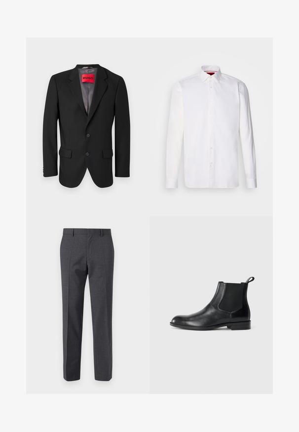 Blazer noir sur mesure en tissu structuré. Présente des revers à cran, deux poches avant et une fermeture à bouton simple.; Chemise blanche à manches longues en coton, avec un col classique, une patte de boutonnage à l'avant et une texture lisse. Détail rouge à l'intérieur du col.; Pantalons tailleur gris avec une finition texturée, devant plat et design à jambe droite. Comprend des poches latérales et des passants de ceinture.; Bottine en cuir noir avec des panneaux latéraux élastiques, bout rond et tirette. Texture lisse, semelle plate, design minimaliste.