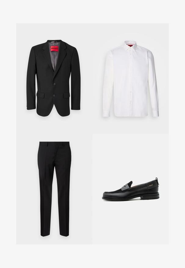 Blazer negro a medida hecho de tejido estructurado. Presenta solapas con muesca, dos bolsillos frontales y un cierre de botón de una sola fila.; Camisa blanca de manga larga hecha de algodón, con un collar clásico, placket frontal con botones y una textura suave. Detalle interior del collar en rojo.; Pantalones negros de corte ajustado, hechos de una tela suave, con pernera recta, detalles de pinzas refinadas y una cinturilla clásica con ojales para cinturón.; Mocasín de cuero negro con detalle de tira gris, tacón bajo y suela texturizada, con la marca "HUGO" en oro en el lateral.