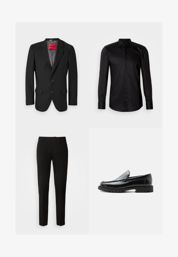 Blazer negro a medida hecho de tejido estructurado. Presenta solapas con muesca, dos bolsillos frontales y un cierre de botón de una sola fila.; Camisa negra de manga larga con botones, confeccionada en tela suave. Cuenta con cuello clásico, abotonadura frontal y puños de contraste.; Pantalones negros con un diseño de pierna recta, con cierre de botón, trabillas para cinturón y una textura de tela suave. Sin patrones ni acentos visibles.; Mocasín de cuero negro con suela de goma gruesa, empeine cosido y nombre de la marca en relieve en el talón, mostrado en perfil lateral sobre fondo blanco.