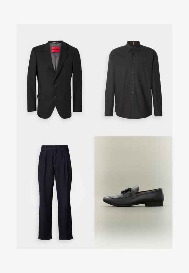 Sort skræddersyet blazer lavet af struktureret stof. Har skrå klapper, to forlommer og en enkeltknap lukning.; Sort langærmet skjorte lavet af letvægtsstof. Har en button-down krave, forreste knapper og broderet logo på brystet.; Mørkeblå vidde denim jeans med frontfældninger og orange syninger, vist på hvid baggrund.; Sorte læder loafer med rund tå, dekorative kvaster og stikninger. Flad hæl med en slank profil og glat tekstur.