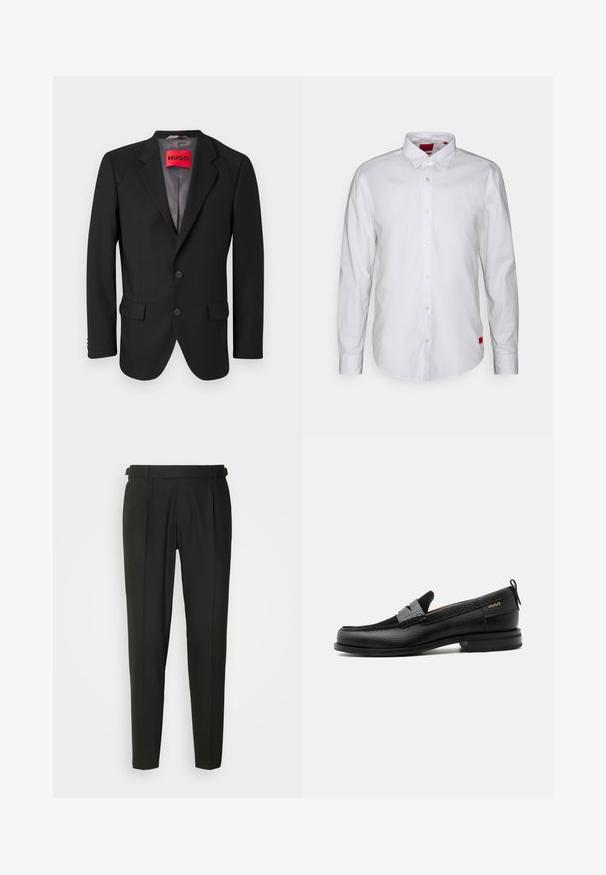Blazer negro a medida hecho de tejido estructurado. Presenta solapas con muesca, dos bolsillos frontales y un cierre de botón de una sola fila.; Camisa blanca de manga larga con cuello abotonado, fabricada en tejido ligero. Presenta una discreta etiqueta de la marca en rojo en la parte inferior.; Pantalones negros ajustados con frontales lisos, dos pliegues, trabillas para cinturón y diseño de pierna recta. Fabricados con una tela suave y ligera.; Mocasín de cuero negro con detalle de tira gris, tacón bajo y suela texturizada, con la marca "HUGO" en oro en el lateral.
