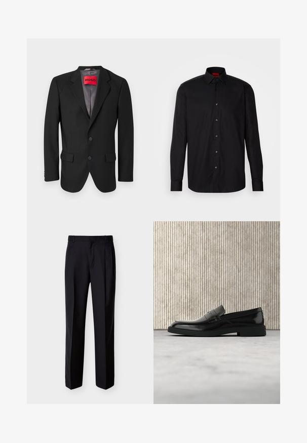 Sort skræddersyet blazer lavet af struktureret stof. Har skrå klapper, to forlommer og en enkeltknap lukning.; Sort langermet skjorte lavet af glat stof, med en klassisk krave, knaplukning foran og skræddersyet pasform.; Sorte skræddersyede bukser med lige snit, foldet forstykke og sidelommer. Fremstillet af et glat, let stof med et ensartet mønster.; Sort poleret læderloafer flydende over beige tæppe med orange gennemsigtigt møbel i baggrunden.
