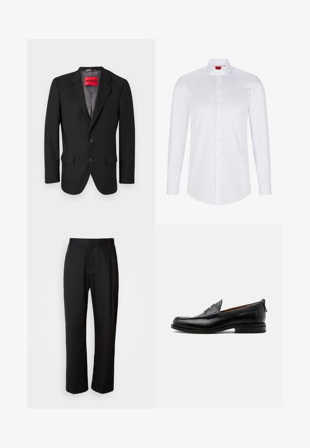 Blazer noir sur mesure en tissu structuré. Présente des revers à cran, deux poches avant et une fermeture à bouton simple.; Chemise blanche à manches longues avec boutons en coton lisse. Présente un col classique, une patte de boutonnage pleine et un ourlet arrondi.; Pantalon noir à coupe droite, en tissu léger. Il dispose d'une fermeture à bouton sur le devant et de deux poches latérales ; texture lisse.; Mocassin homme en cuir noir avec couture moc toe, bride penny, col texturé et petit talon empilé sur fond blanc.