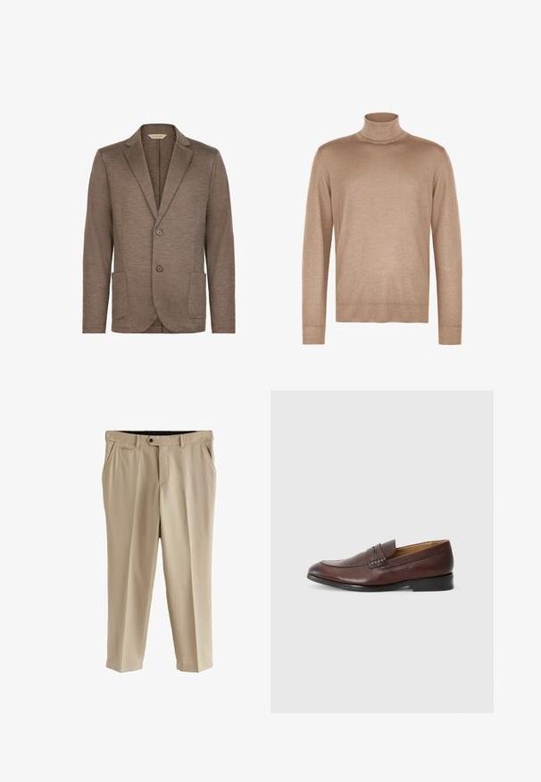 Brun strikket blazer med glat tekstur, slagkrave, to-knaps lukning og to frontlommer. Enkel design, ingen synlige mønstre.; Beige langærmet rullekravetrøje lavet af blødt strikket stof med ribbestrikkede manchetter og kant.; Beige bukser lavet af glat stof, med flad front, sidelommer og en enkelt baglomme. Standard talje med knaplukning.; JOOP! KLEITOS - Loafers - brown