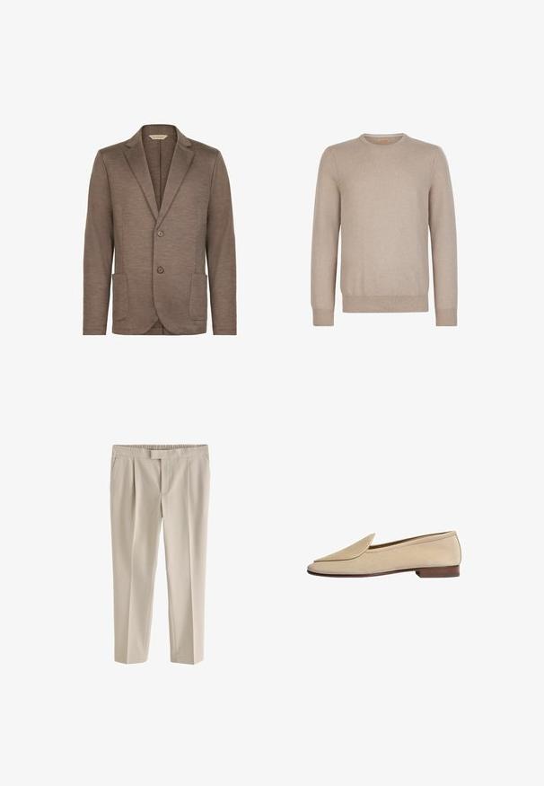 Brun strikket blazer med glat tekstur, slagkrave, to-knaps lukning og to frontlommer. Enkel design, ingen synlige mønstre.; Beige strikket sweater, rund halsudskæring, lange ærmer, ribbede manchetter og kant, blød tekstur, enkel design, ingen mønstre eller ekstra detaljer.; Beige skræddersyede bukser med lige ben, frontplisseringer, sidelommer og en lukkemekanisme med krog og stang i taljen.; Beige ruskindsloafer med spids snude, subtile syningsdetaljer og lav brun hæl. Glat tekstur og strømlinet design.