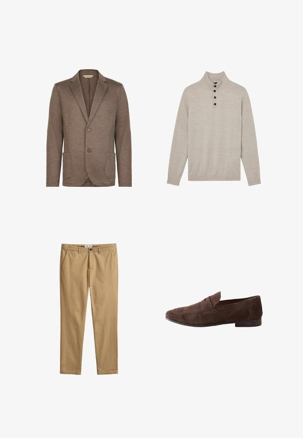 Brauner Strickblazer mit glatter Textur, Reverskragen, zwei Knopfverschluss und zwei Vordertaschen. Einfaches Design, keine sichtbaren Muster.; Beiger Langarmpullover mit hohem Kragen und vier dunklen Knöpfen an der vorderen Blende, hergestellt aus feinem Strickstoff.; Beige Slim-Fit Chinos mit Gürtelösen, Seitentaschen, Knopf- und Reißverschluss, gebrandetes GANT-Label am Bund.; Brauner Slipper aus Wildleder für Herren mit aufgenähten Details und niedrigem Holzabsatz, seitlich auf weißem Hintergrund betrachtet.