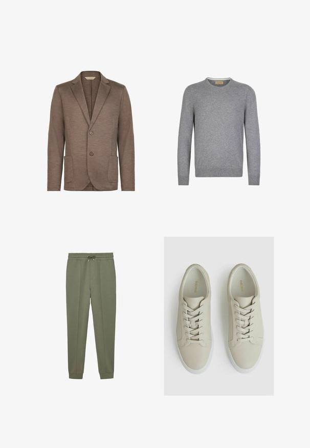 Brauner Strickblazer mit glatter Textur, Reverskragen, zwei Knopfverschluss und zwei Vordertaschen. Einfaches Design, keine sichtbaren Muster.; Grauer, langärmeliger Pullover aus weichem Strickmaterial. Rundhalsausschnitt, gerippte Bündchen und Saum, mit einem einfachen und klaren Design.; Olivgrüne Sweatpants aus einem weichen Baumwollmix, mit elastischem Bund und Kordelzug, schmal zulaufenden Beinen und gerippten Bündchen.; Helle beige Leder-Sneaker mit strukturiertem Finish, ausgestattet mit sechs Ösen, flachen Schnürsenkeln und einer weißen Gummisohle. Goldene Markenbeschreibung im Inneren.