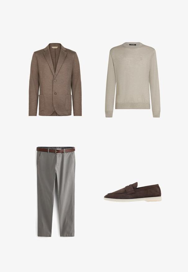 Brauner Strickblazer mit glatter Textur, Reverskragen, zwei Knopfverschluss und zwei Vordertaschen. Einfaches Design, keine sichtbaren Muster.; Hellbeiger Pullover mit Rundhalsausschnitt, langen Ärmeln und dezentem kleinen Logo-Stick auf der linken Brust.; Graue Hose aus strukturiertem Stoff mit geradem Bein-Design. Verfügt über Seitentaschen und einen braunen Ledergürtel mit einer Metallschnalle.; Scarosso Slipper - brown suede