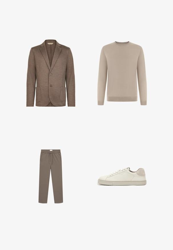 Brauner Strickblazer mit glatter Textur, Reverskragen, zwei Knopfverschluss und zwei Vordertaschen. Einfaches Design, keine sichtbaren Muster.; Beiger Langarmpullover aus weichem, fein gestricktem Stoff. Verfügt über einen rund ausgeschnittenen Rundhalsausschnitt sowie gerippte Bündchen und Saum für eine figurbetonte Passform.; Les Deux COMO TAPERED DRAWSTRING PANTS - Stoffhose - bungee cord; Weißer Sneaker aus Leder in niedriger Ausführung mit weißen Schnürsenkeln, leicht strukturierter Sohle und hellgrauem Wildleder-Fersenpatch, Seitenansicht.