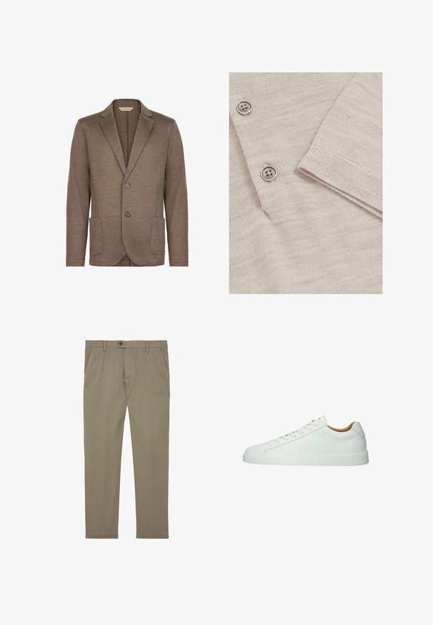 Brauner Strickblazer mit glatter Textur, Reverskragen, zwei Knopfverschluss und zwei Vordertaschen. Einfaches Design, keine sichtbaren Muster.; Hellbeige Strickjacke mit feiner Maschenstruktur. Verfügt über drei metallische Knöpfe und gerippte Bündchen für ein strukturiertes Finish.; Beige Freizeithose mit Seitentaschen, Knopfverschluss und Gürtelschlaufen, flach auf weißem Hintergrund dargestellt.; Weißer Sneaker aus Leder mit niedrigem Schaft, weißen Schnürsenkeln, dezenten Nähten und flacher Gummisohle, seitlich auf weißem Hintergrund gezeigt.