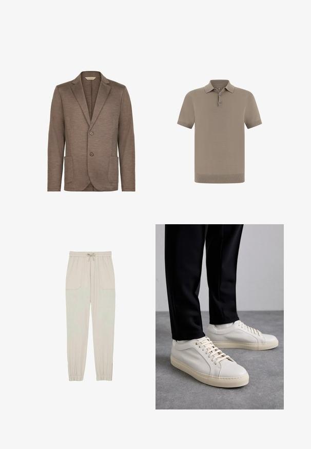 Brun strikket blazer med glat tekstur, slagkrave, to-knaps lukning og to frontlommer. Enkel design, ingen synlige mønstre.; Polo-shirt i taupe med en struktureret finish, korte ærmer og en krave. Har treknaps-lukning og ribbede manchetter.; Lys beige joggerbukser lavet af blødt stof, med elastisk talje og snor, sidelommer og tapered ankler.; Lys beige lædersneakers med flade snørebånd, en tekstureret overflade og en kontrasterende cremelilla gummisål, båret med sorte tapered bukser.