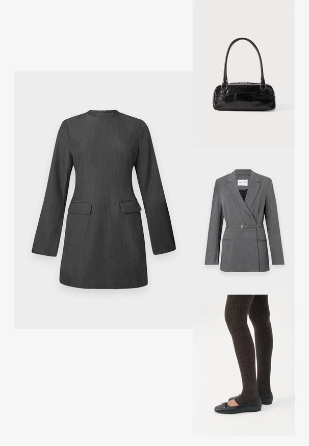 Grå stribet blazer med en skræddersyet pasform, notch-lapel, enkeltknaplukning og bælte om livet. Har to frontlommer.; Grå skræddersyet kjole med lange ærmer, rund halsudskæring og to forlommer. Fremstillet af tekstureret stof med et slankt, struktureret design.; Ben iført mørke ribbede leggings kombineret med sorte balletsko med små sløjfedetaljer på hvid baggrund.; Sort læderhåndtaske med rektangulær form, der har et enkelt struktureret håndtag, sølvhardware og lynlås-lukning. Glat tekstur.
