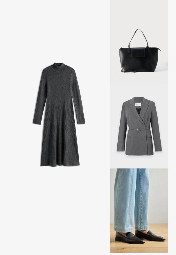 Grijs pinstriped blazer met een getailleerde pasvorm, notch revers, sluiting met één knop en een ceintuur in de taille. Voorzien van twee voorzakken.; Grijs gebreid kledingstuk met een hoge hals, lange mouwen en een geribbelde textuur. Het aansluitende bovenstuk gaat over in een uitlopende, geplooide onderkant.; Zwarte leren schoenen met een spitse neus en instapontwerp, gecombineerd met lichtblauwe wijde jeans, op een houten vloer.; Zwarte leren totebag met twee handvatten, een afneembare band, magnetische klepsluiting en een gladde textuur. Rits aan de bovenzijde en sierstiksels.