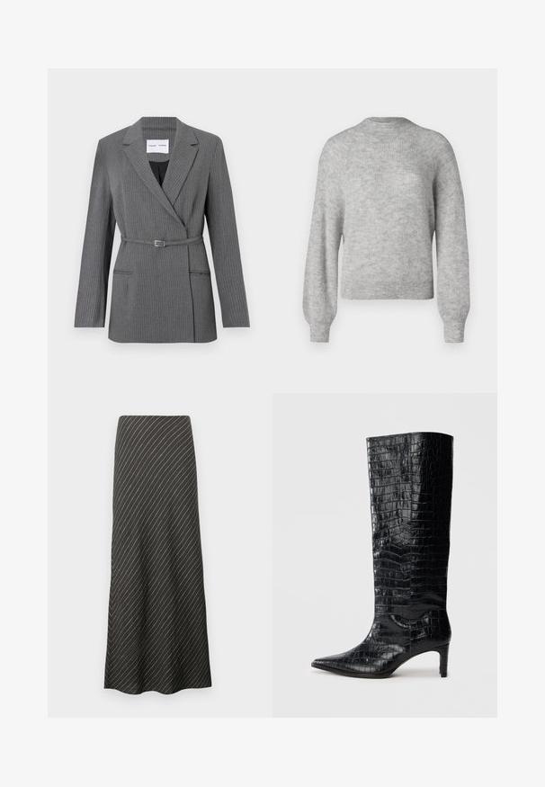 Grå stribet blazer med en skræddersyet pasform, notch-lapel, enkeltknaplukning og bælte om livet. Har to frontlommer.; Lys grå strikket sweater lavet af blødt stof, med en rund halsudskæring og lange, let pufede ærmer med ribbede kanter.; Sort midi-nederdel med diagonale hvide striber, lavet af et glat stof. Har en udvidet design og en A-formet silhuet.; Sorte knæhøje støvler med en blank, krokodillemønstret tekstur, spids tå og en affaset hæl. Glat syntetisk materiale.