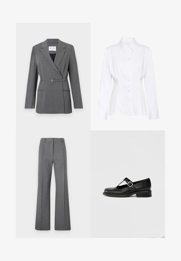 Grå stribet blazer med en skræddersyet pasform, notch-lapel, enkeltknaplukning og bælte om livet. Har to frontlommer.; Hvid langærmet skjorte med knapper, spidst krave, figursyet talje og synligt mærke "Gestuz" inde i kraven.; Grå stribede flared bukser med flad front, bæltesløjfer og glat tekstur. Design i fuld længde med subtile mønsterdetaljer.; Sort Mary Jane-sko i læder med rund tå, T-remdesign, justerbar spænde og lav stablet hæl. Glat tekstur med minimal detaljering.