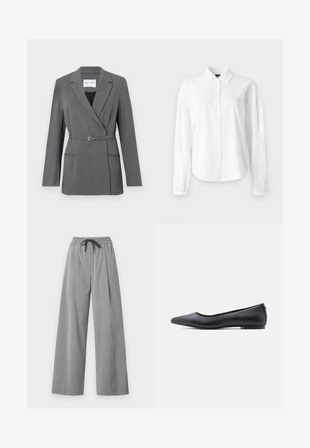 Blazer gris à rayures avec une coupe ajustée, revers crantés, fermeture à un bouton et taille ceinturée. Comprend deux poches avant.; Chemise blanche à manches longues avec col, boutonnage devant et poignets froncés. Fabriquée en tissu doux et léger avec une texture lisse.; Pantalon gris clair à jambes larges avec taille élastique et cordon noir, fabriqué en tissu lisse, présenté sur fond blanc.; Chaussure plate en cuir noire à bout pointu avec petit talon, vue de profil sur fond blanc.