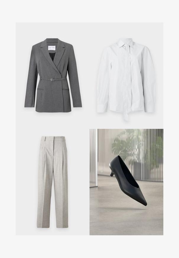Grå stribet blazer med en skræddersyet pasform, notch-lapel, enkeltknaplukning og bælte om livet. Har to frontlommer.; Hvid, langærmet skjorte med klassisk krave og forlænget frontsløjfe. Fremstillet af glat stof, med en afslappet pasform og uden mønstre.; Lys grå bukser med en tekstureret overflade, der har et høj talje-design og to frontfold. Lige snit uden synlige lommer.; Sort spids tå kitten heel sko, der svæver over en glat betongulv med lodrette gennemsigtige paneler i baggrunden.
