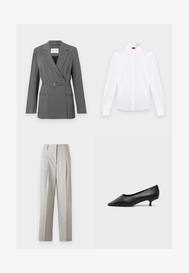 Grå stribet blazer med en skræddersyet pasform, notch-lapel, enkeltknaplukning og bælte om livet. Har to frontlommer.; Hvid langærmet skjorte med knapper, afrundet krave, knaplukning foran og manchetter, vist på en ensfarvet baggrund.; Lys grå bukser med en tekstureret overflade, der har et høj talje-design og to frontfold. Lige snit uden synlige lommer.; Sort lavhælet damesko i læder med spids tå og lille kitten heel på ensfarvet lys baggrund.