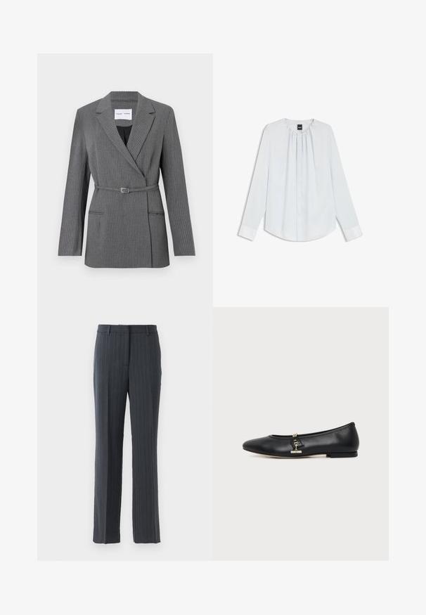 Blazer gris à rayures avec une coupe ajustée, revers crantés, fermeture à un bouton et taille ceinturée. Comprend deux poches avant.; Blouse blanche à manches longues avec col plissé, boutons avant cachés et poignets, posée à plat sur un fond blanc.; Pantalons habillés droits à rayures gris foncé avec passants de ceinture et fermeture éclair à l'avant sur fond blanc.; Chaussure plate en cuir noir avec bout arrondi et petit détail de boucle dorée sur le côté, présentée sur un fond clair uni.