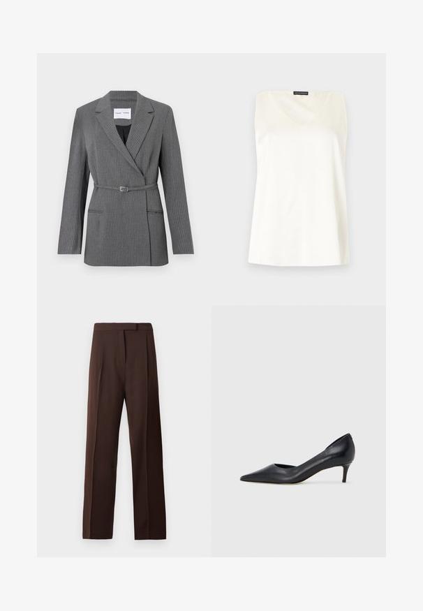 Grijs pinstriped blazer met een getailleerde pasvorm, notch revers, sluiting met één knop en een ceintuur in de taille. Voorzien van twee voorzakken.; Mouwloos wit dames topje met een vierkante halslijn en een Emporio Armani-label aan de achterkant van de kraag.; Donkerbruin recht gesneden op maat gemaakte broeken met een tailleband en een verborgen sluiting aan de voorkant op een witte achtergrond.; Zwarte leren pump met een puntige neus en lage hak. Heeft een gladde textuur en een subtiele glans. Open uitsparing aan de voorkant voor extra detail.