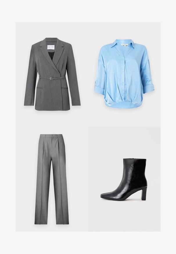 Grå stribet blazer med en skræddersyet pasform, notch-lapel, enkeltknaplukning og bælte om livet. Har to frontlommer.; Lysblå satinbluse med folded trekvartslangeærmer, knaplukning fortil, krave og indsamlet kantdetalje.; Grå skræddersyede bukser med et plisseret frontpanel, lige ben og en subtil tekstur. Har en linning med bæltestropper og ingen synlige lommer.; Sorte ankelstøvler lavet af blank læder, med spidse tæer og en mellemstor blokhæl, med en glat tekstur og et enkelt design.