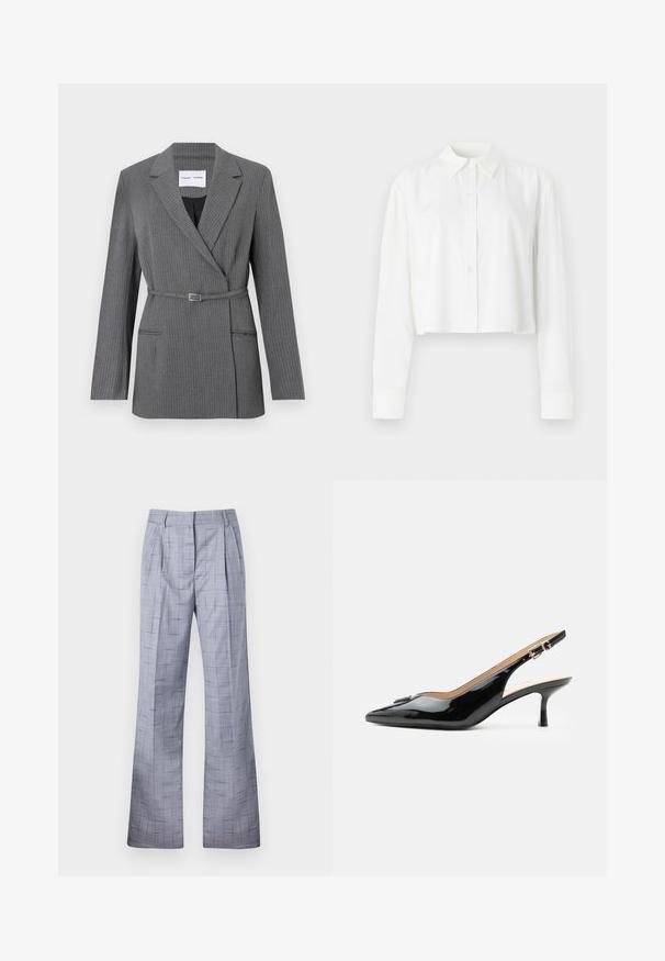 Grå stribet blazer med en skræddersyet pasform, notch-lapel, enkeltknaplukning og bælte om livet. Har to frontlommer.; Beskåret hvid langærmet skjorte lavet af glat stof, med klassisk krave og knaplukning foran. Enkel design uden mønstre.; Grå ternede bukser med bred ben-design, der har folder og en subtil tekstur. Lavet af letvægtsstof med en skræddersyet pasform.; Sort patentlæder slingback hæl med spids tå, lille kitten hæl og sølvspænde på en ensartet hvid baggrund.