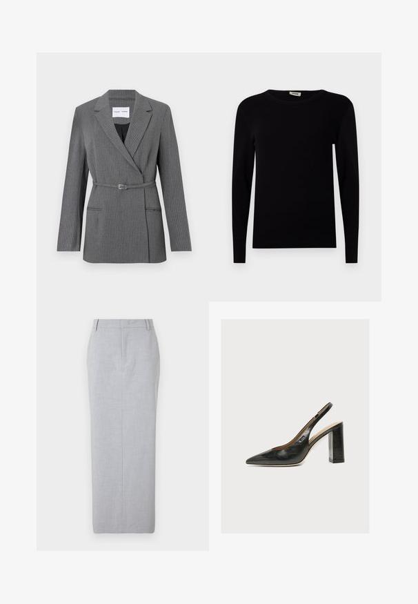 Grå stribet blazer med en skræddersyet pasform, notch-lapel, enkeltknaplukning og bælte om livet. Har to frontlommer.; Sort langærmet crewneck sweater lavet af ribbet stof. Har tætsiddende ærmer og en glat tekstur. Enkel, minimalistisk design.; Grå skræddersyet blyantskirt lavet af glat stof. Har en lige skæring, flad front og ingen synlige lommer.; Sort læder kvindesko med slingback, spids tå og tyk blokhøj hæl på hvid baggrund.