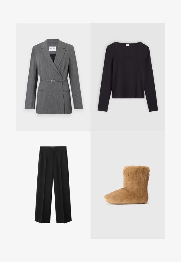 Grijs pinstriped blazer met een getailleerde pasvorm, notch revers, sluiting met één knop en een ceintuur in de taille. Voorzien van twee voorzakken.; Zwart top met lange mouwen en een vierkante halslijn, gemaakt van een gladde stof. Heeft een getailleerd ontwerp en een cropped lengte. Eenvoudige, minimalistische stijl.; Zwarte wijde broek van gladde stof, met een hoge taille, geplooide plooien en zijzakken voor functionaliteit.; Bruine nep bont enkellaars, zachte textuur, ronde neus, korte schacht en een eenvoudig ontwerp zonder zichtbare hardware of patronen.