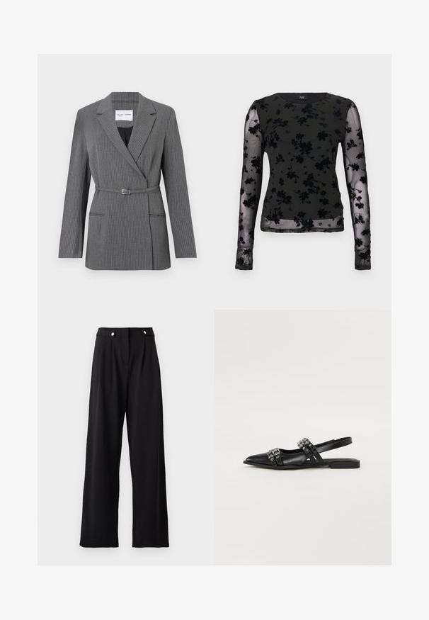 Grijs pinstriped blazer met een getailleerde pasvorm, notch revers, sluiting met één knop en een ceintuur in de taille. Voorzien van twee voorzakken.; Zwarte top met lange mouwen van doorschijnende stof, met een bloemmotief. Gestructureerde zwarte accenten aan mouwen en halslijn.; Zwarte brede broek met een gladde textuur, voorzien van een hoge taille, plooien aan de voorkant en metallic knoopaccenten.; Even&Odd Slingback ballerina´s - black